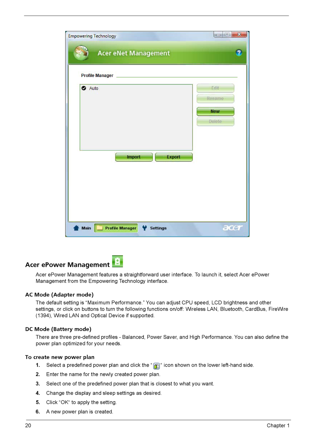 Acer 4320, 4720G, 4720Z Acer ePower Management, AC Mode Adapter mode, DC Mode Battery mode, To create new power plan 