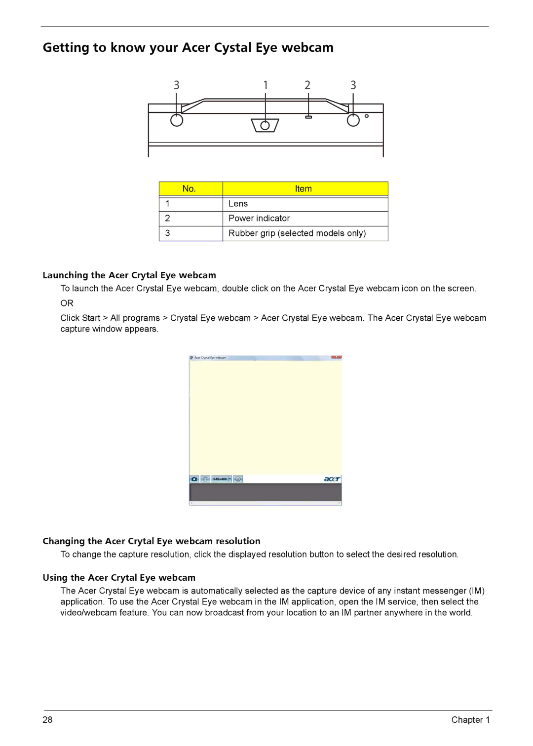 Acer 4320, 4720G, 4720Z manual Getting to know your Acer Cystal Eye webcam, Launching the Acer Crytal Eye webcam 
