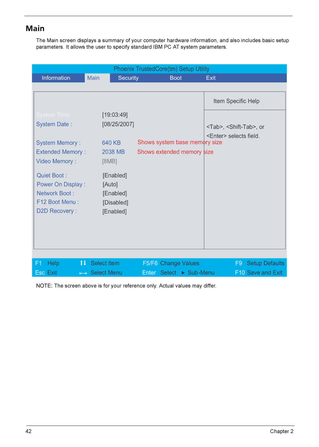 Acer 4320, 4720G, 4720Z manual Main, Shows extended memory size 