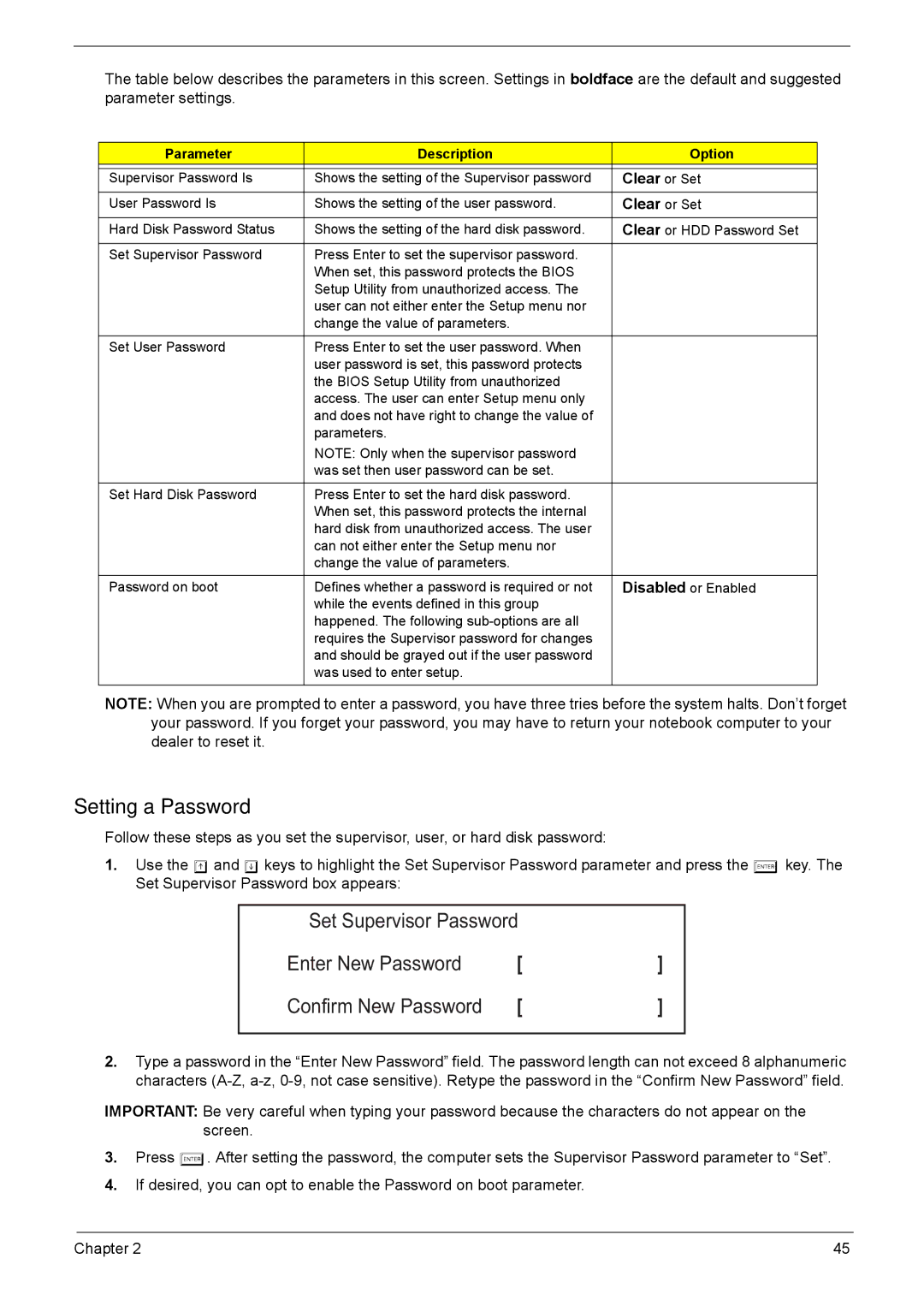 Acer 4720Z, 4320, 4720G manual Setting a Password, Clear or Set, Parameter Description Option 