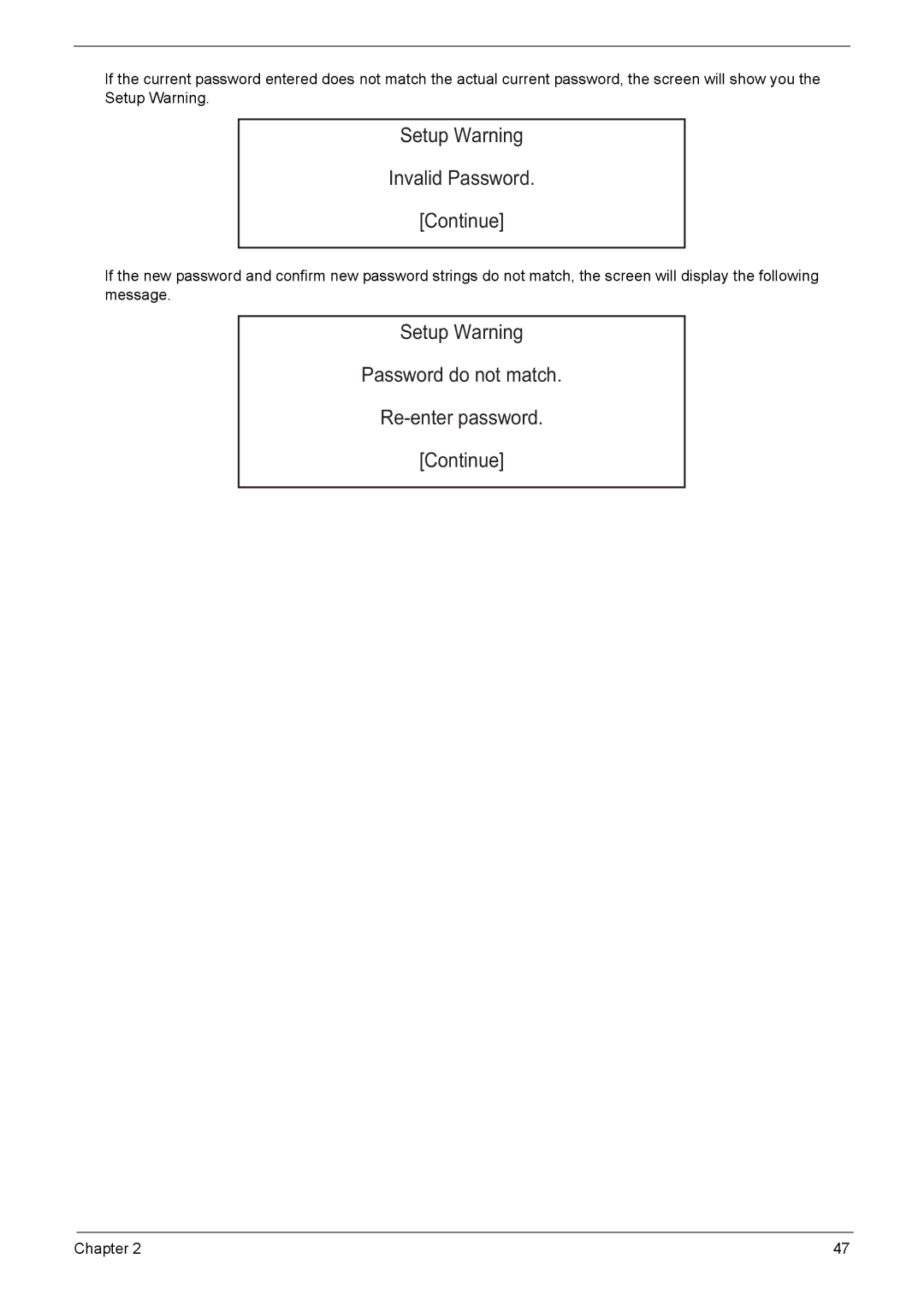 Acer 4720G, 4320, 4720Z manual Setup Warning Invalid Password Continue 