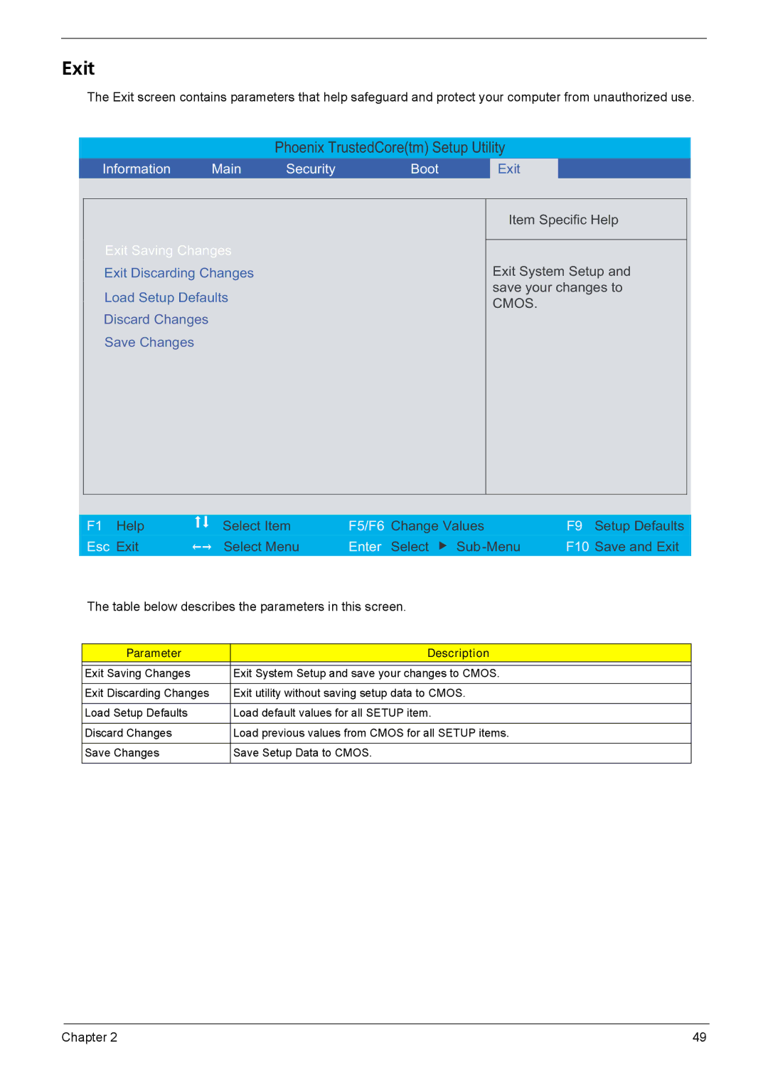 Acer 4720Z, 4320, 4720G manual Exit Saving Changes 