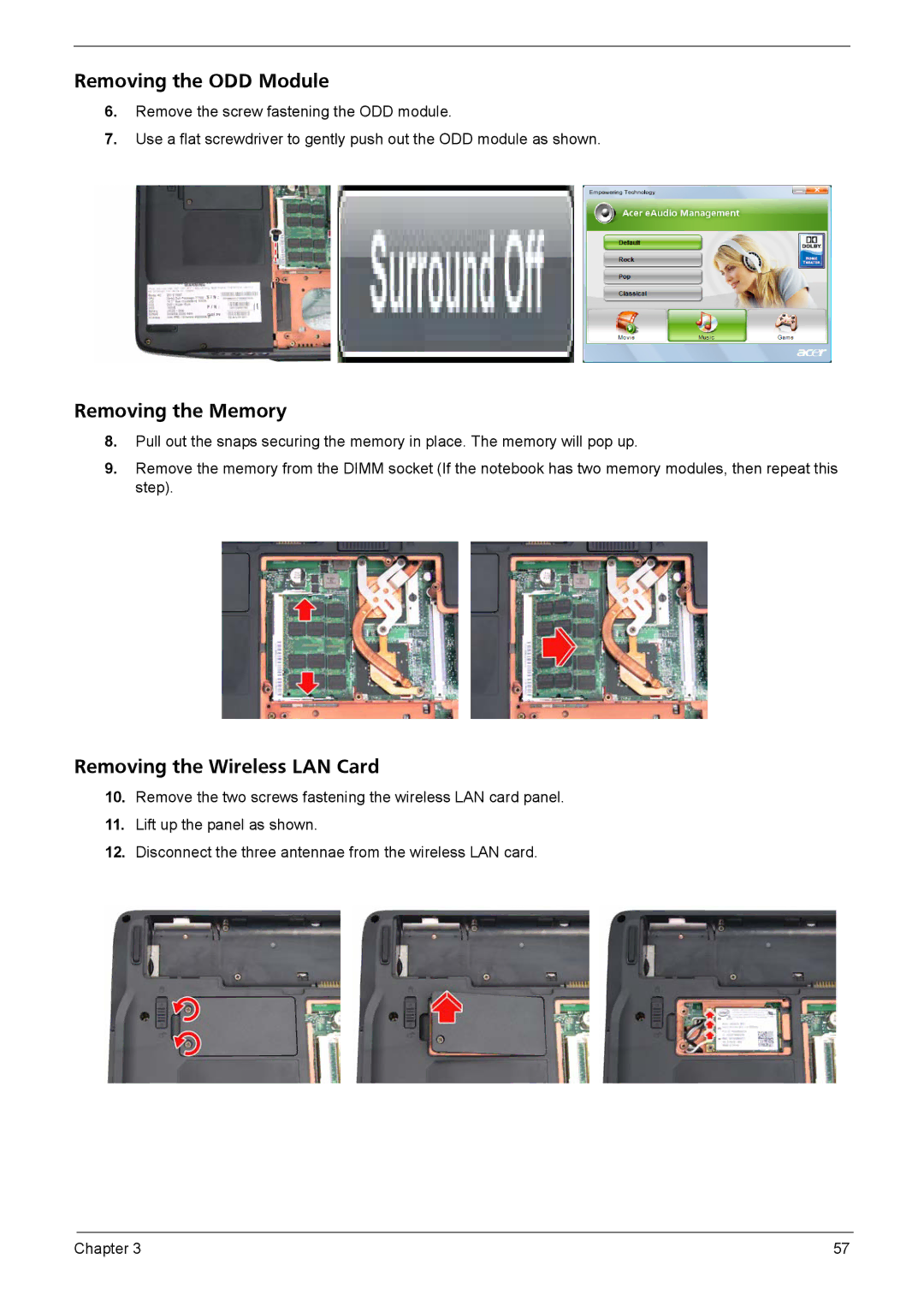 Acer 4720Z, 4320, 4720G manual Removing the ODD Module, Removing the Memory, Removing the Wireless LAN Card 
