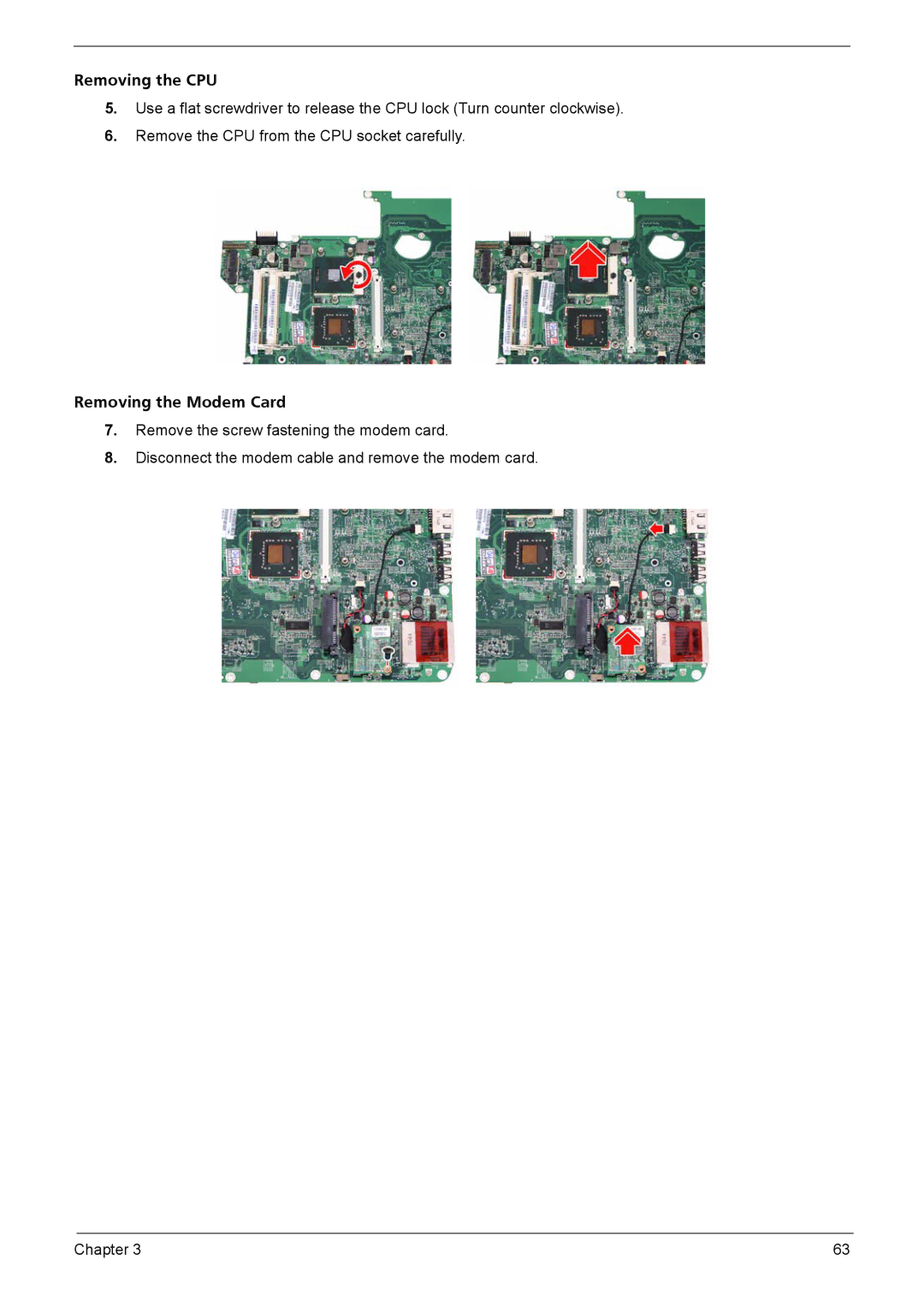 Acer 4720G, 4320, 4720Z manual Removing the CPU, Removing the Modem Card 