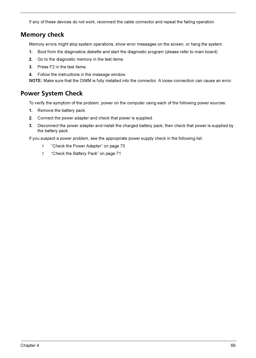 Acer 4720Z, 4320, 4720G manual Memory check, Power System Check 