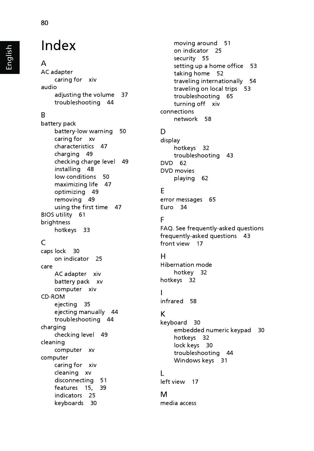 Acer 4320 Series, 4720 Series manual Index 