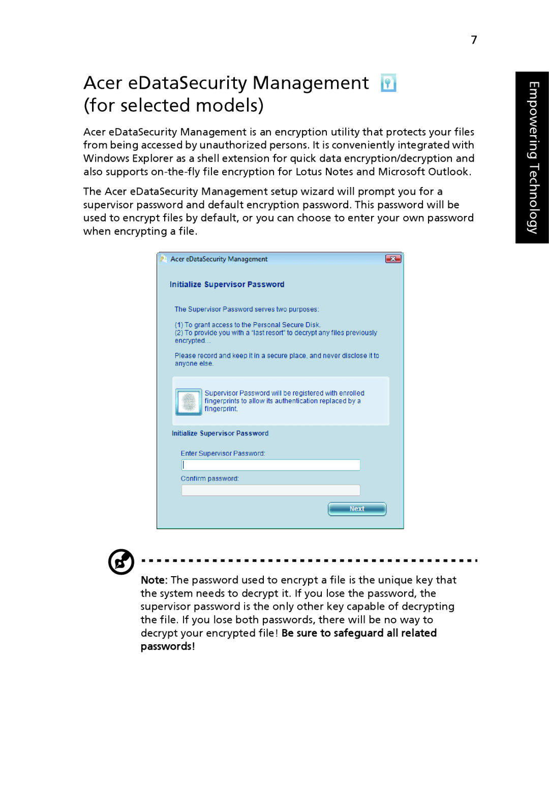 Acer 4720 Series, 4320 Series manual Acer eDataSecurity Management for selected models 