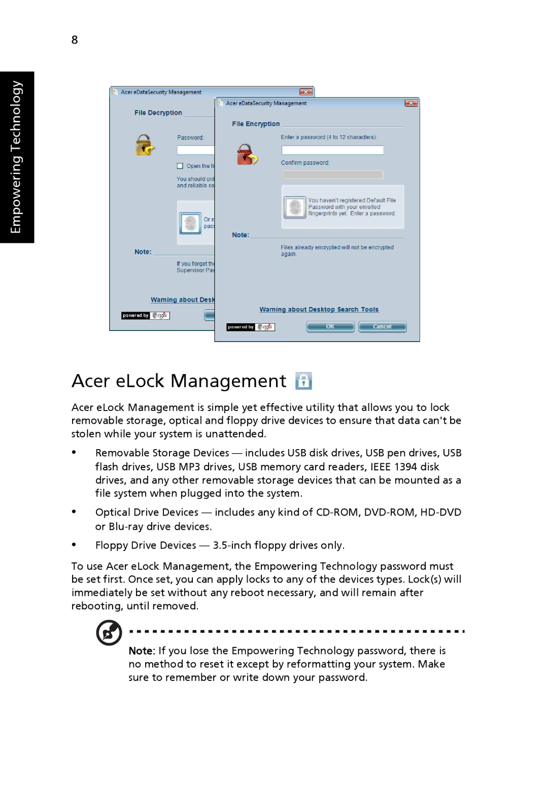 Acer 4320 Series, 4720 Series manual Acer eLock Management 