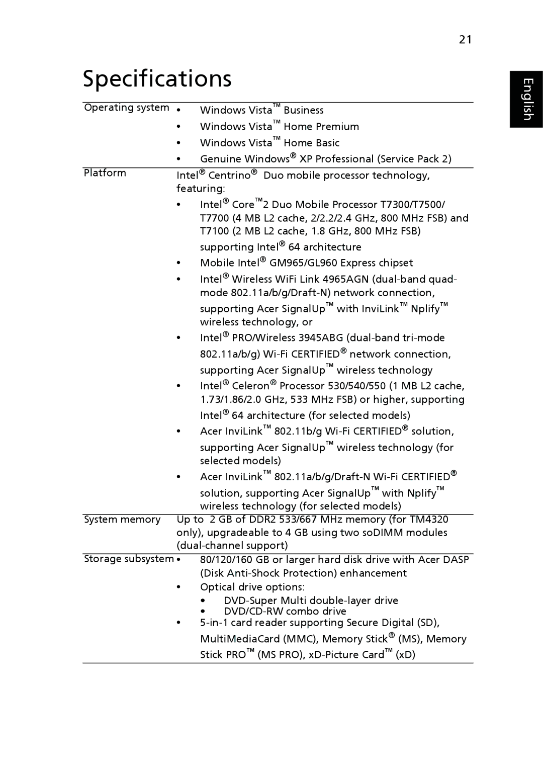 Acer 4720 Series, 4320 Series manual Specifications 