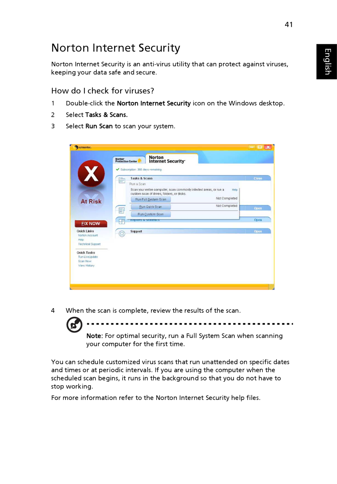 Acer 4720 Series, 4320 Series manual Norton Internet Security, How do I check for viruses?, Select Tasks & Scans 
