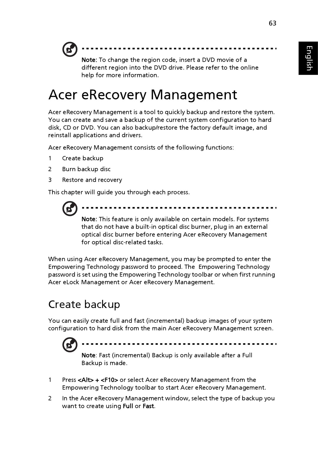 Acer 4720 Series, 4320 Series manual Acer eRecovery Management, Create backup 