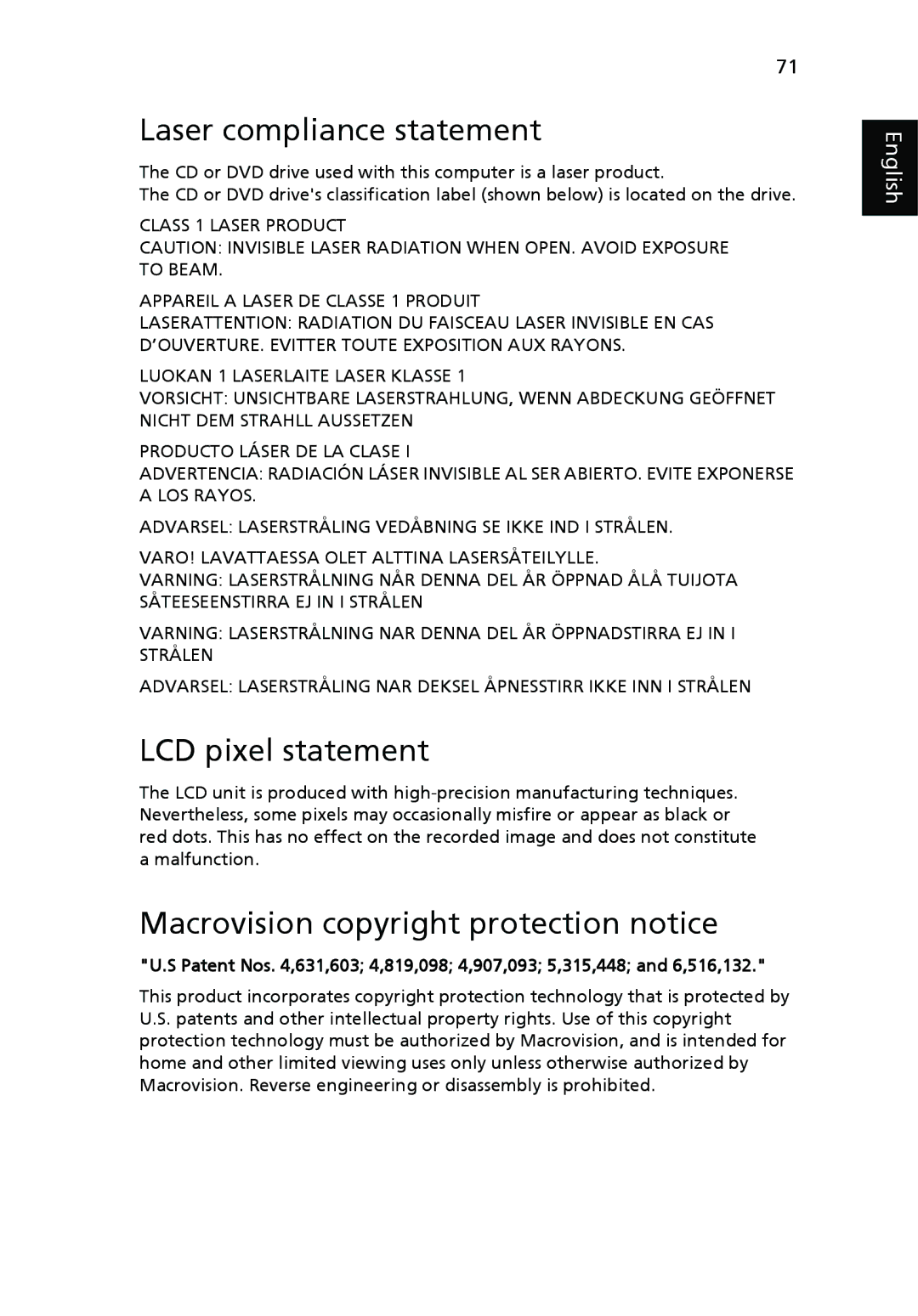 Acer 4720 Series, 4320 Series Laser compliance statement, LCD pixel statement, Macrovision copyright protection notice 