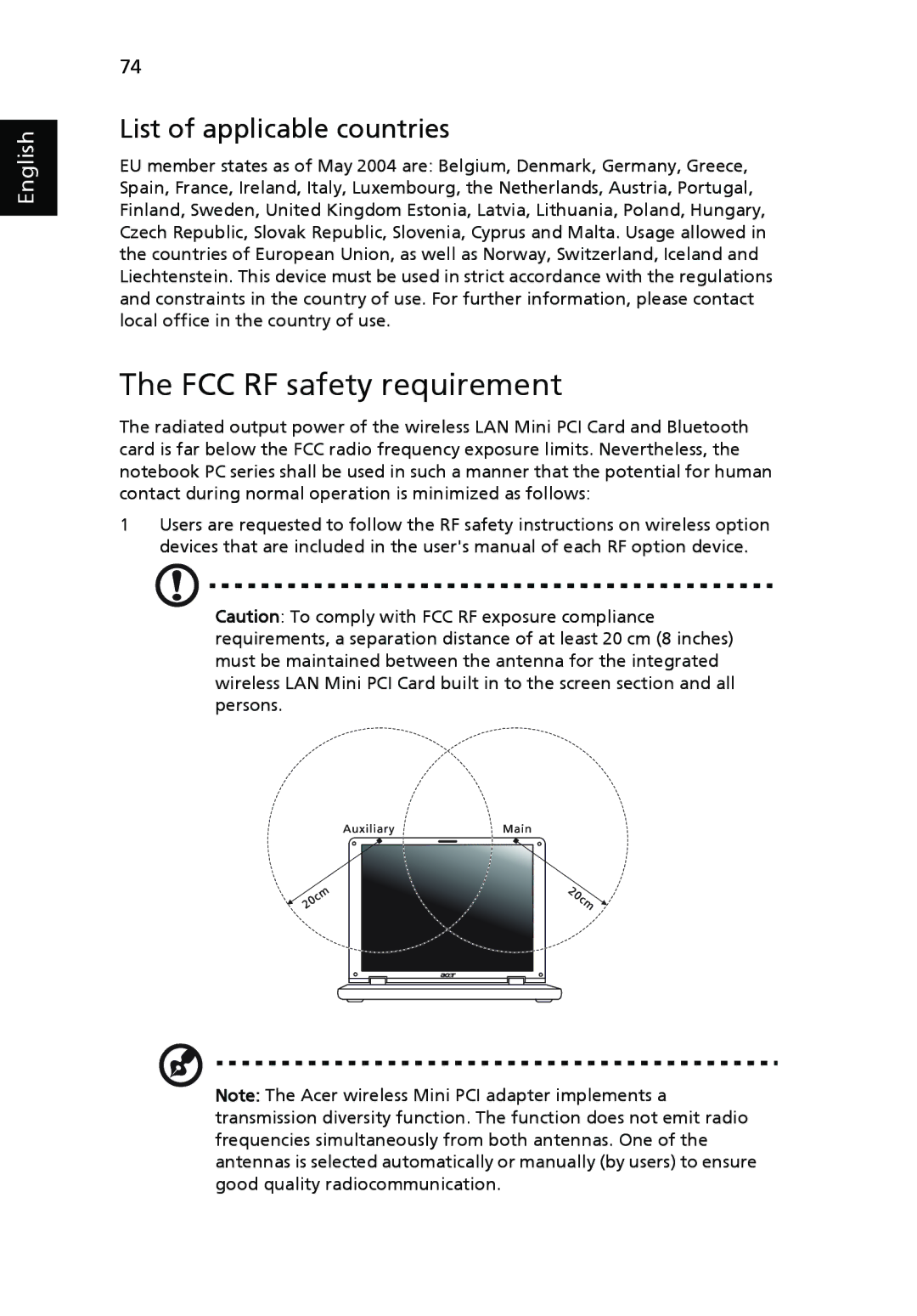 Acer 4320 Series, 4720 Series manual FCC RF safety requirement, List of applicable countries 