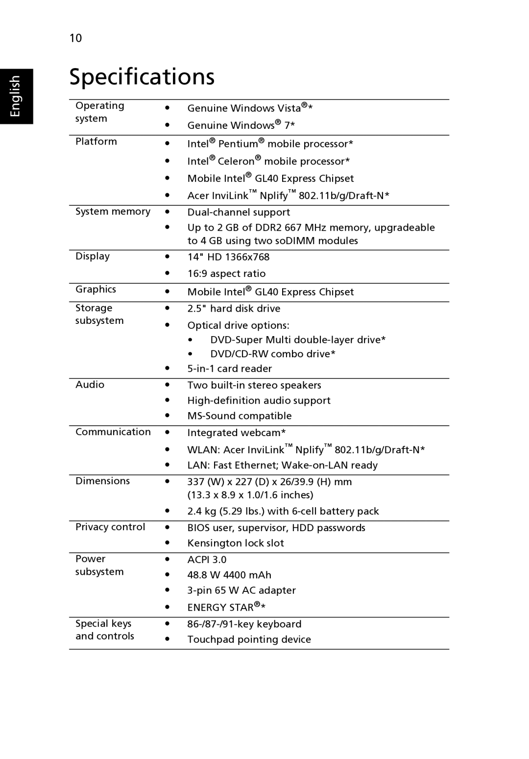 Acer 4332 Series, 4732Z Series manual Specifications, Energy Star 