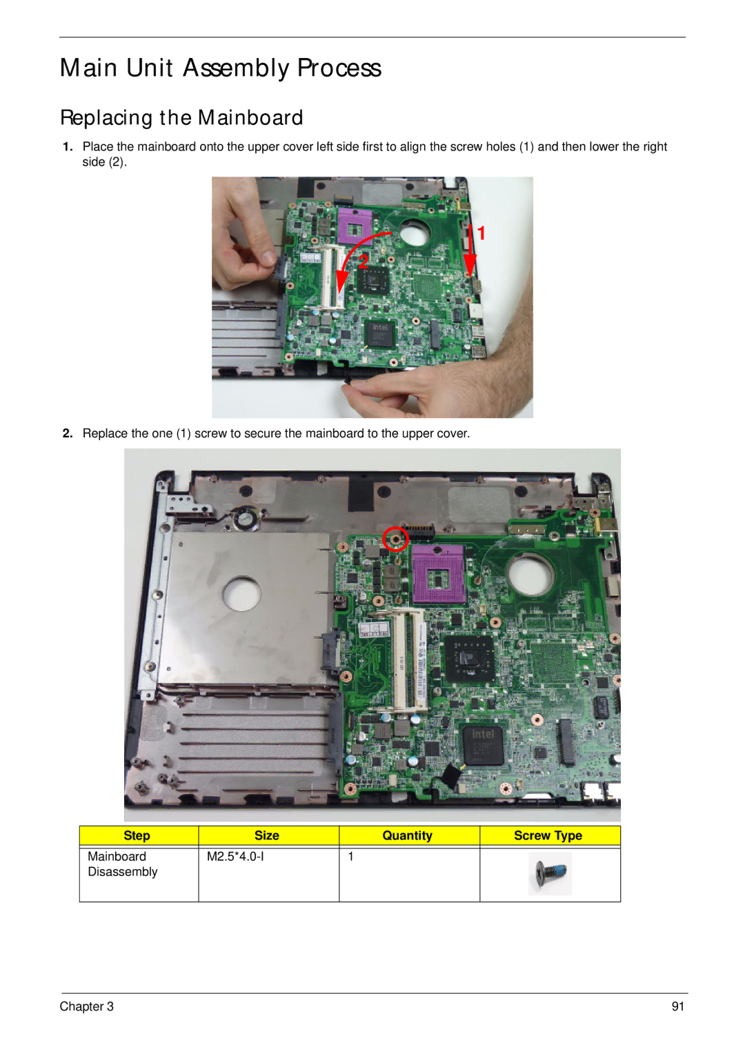 Acer 4733Z, 4333 manual Main Unit Assembly Process, Replacing the Mainboard 