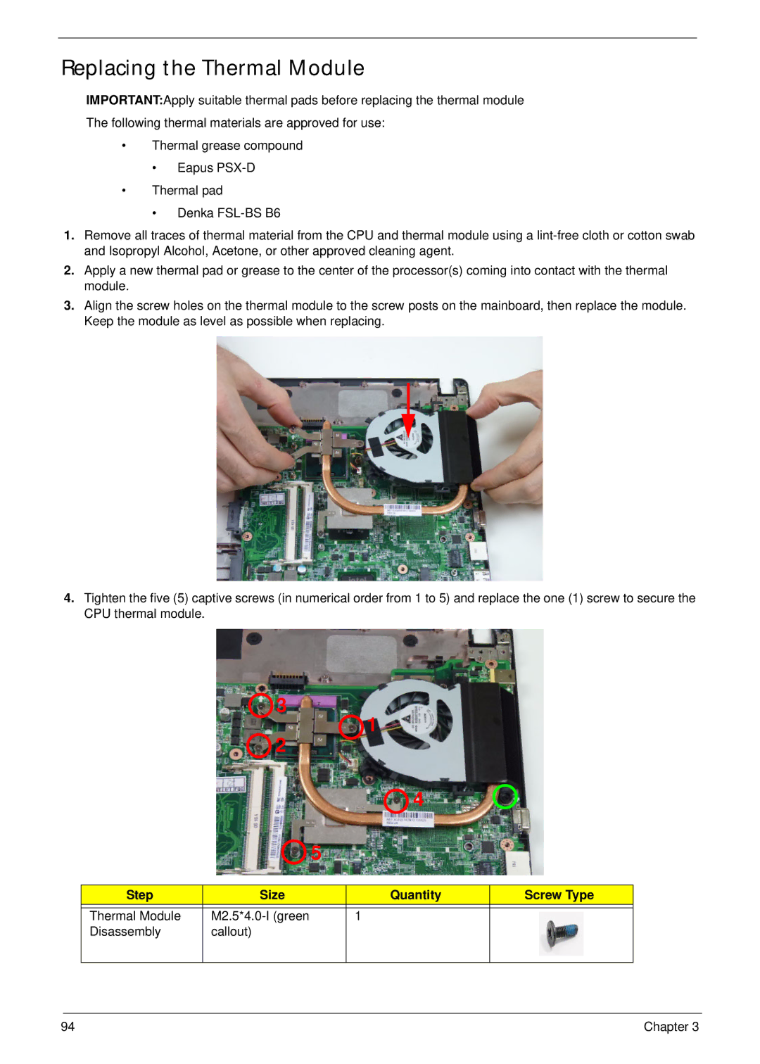 Acer 4333, 4733Z manual Replacing the Thermal Module, Step Size Quantity Screw Type 