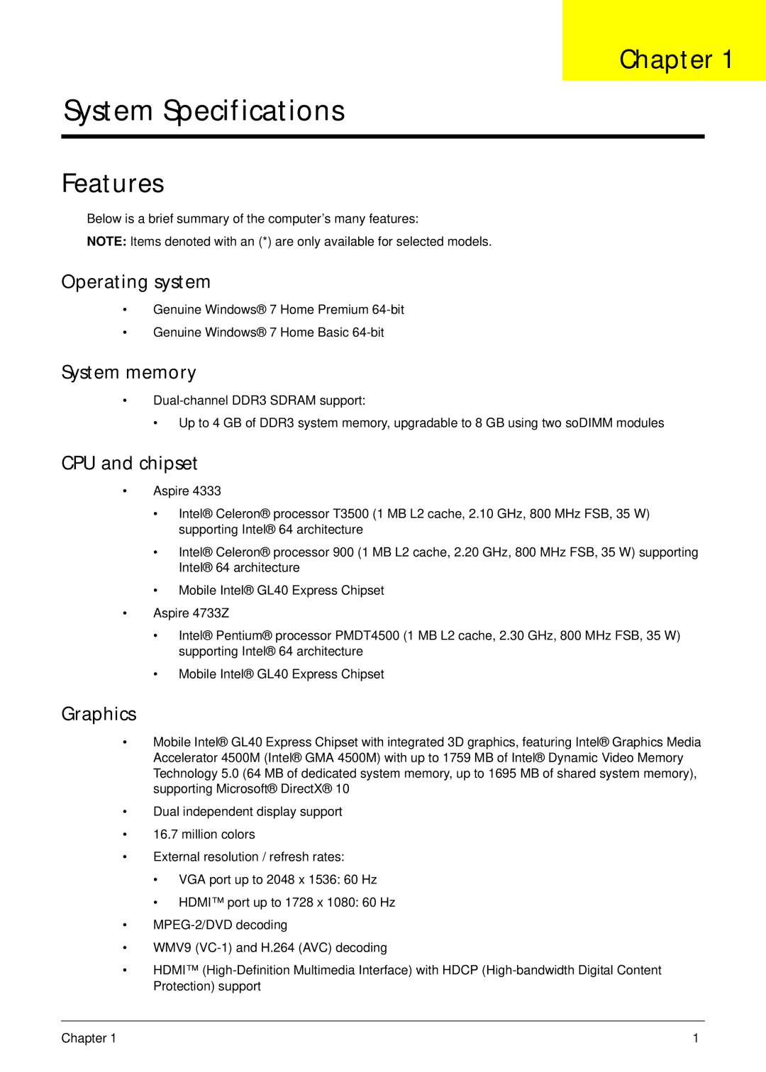 Acer 4733Z, 4333 manual Chapter, Features 