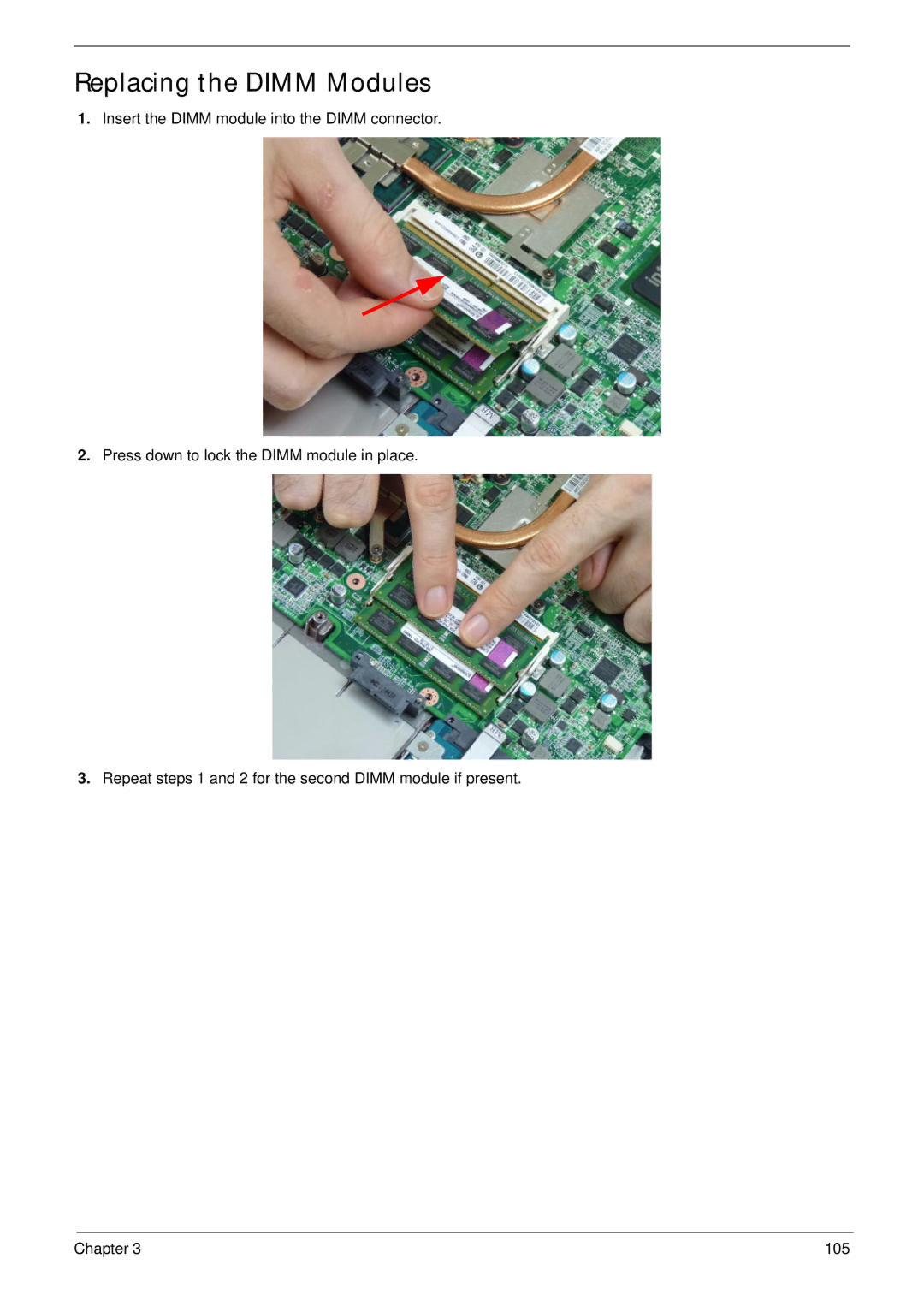 Acer 4733Z, 4333 manual Replacing the Dimm Modules 