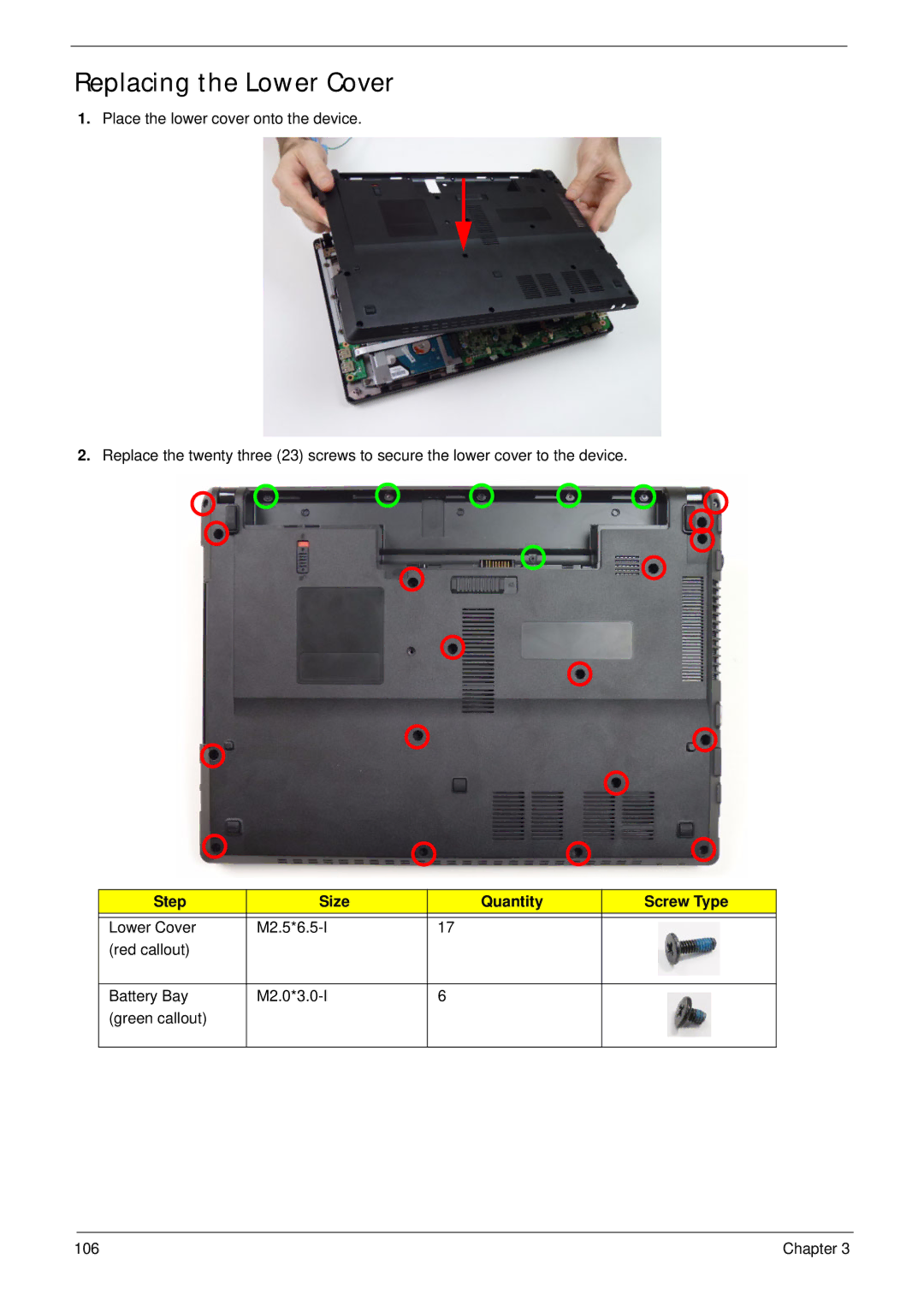 Acer 4333, 4733Z manual Replacing the Lower Cover, Step Size Quantity Screw Type 