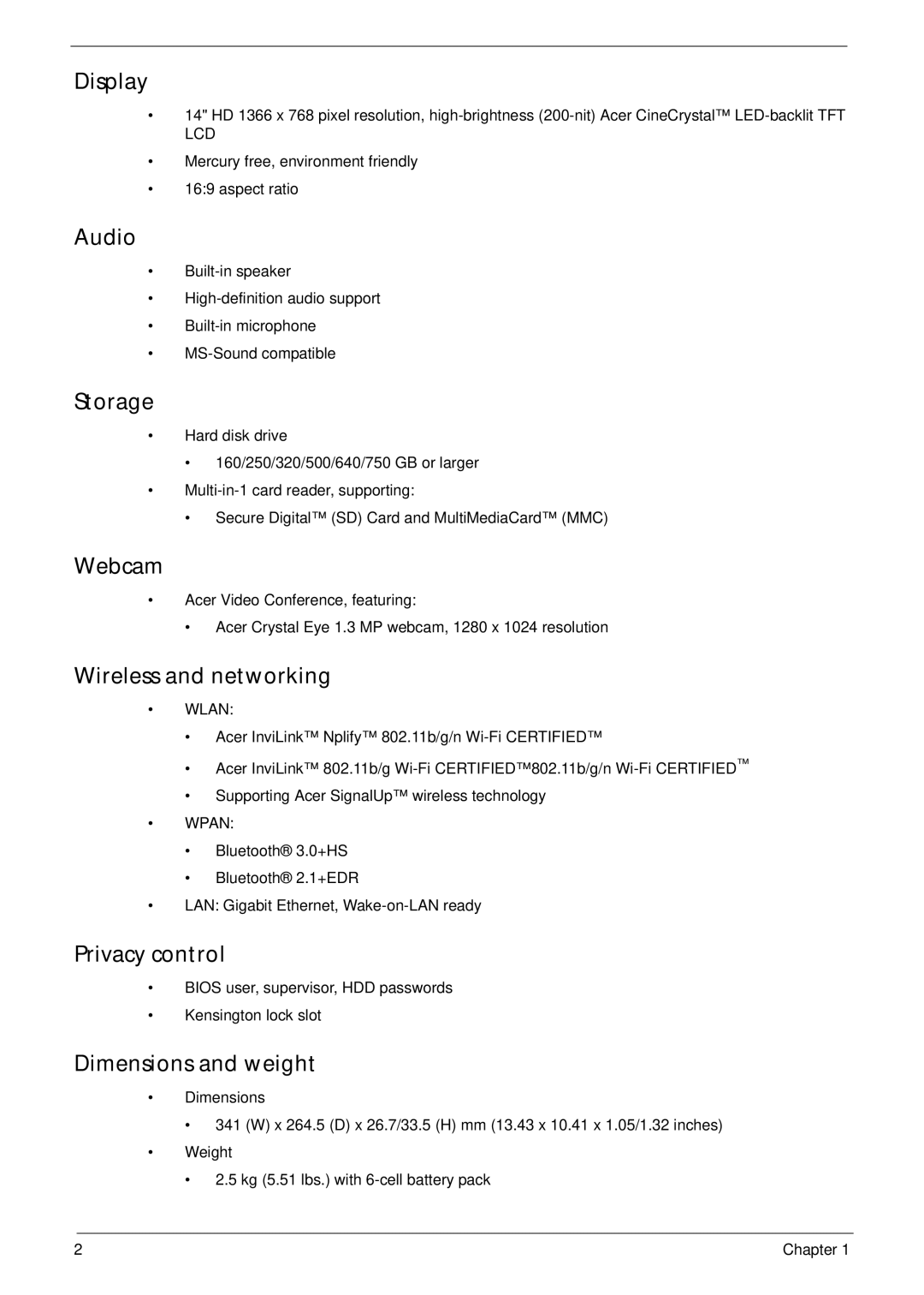 Acer 4333, 4733Z manual Display, Audio, Storage, Webcam, Wireless and networking, Privacy control, Dimensions and weight 