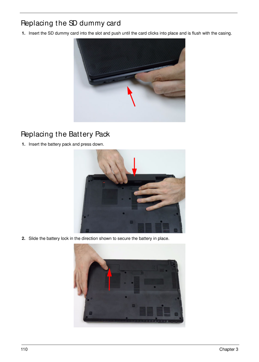 Acer 4333, 4733Z manual Replacing the SD dummy card, Replacing the Battery Pack 