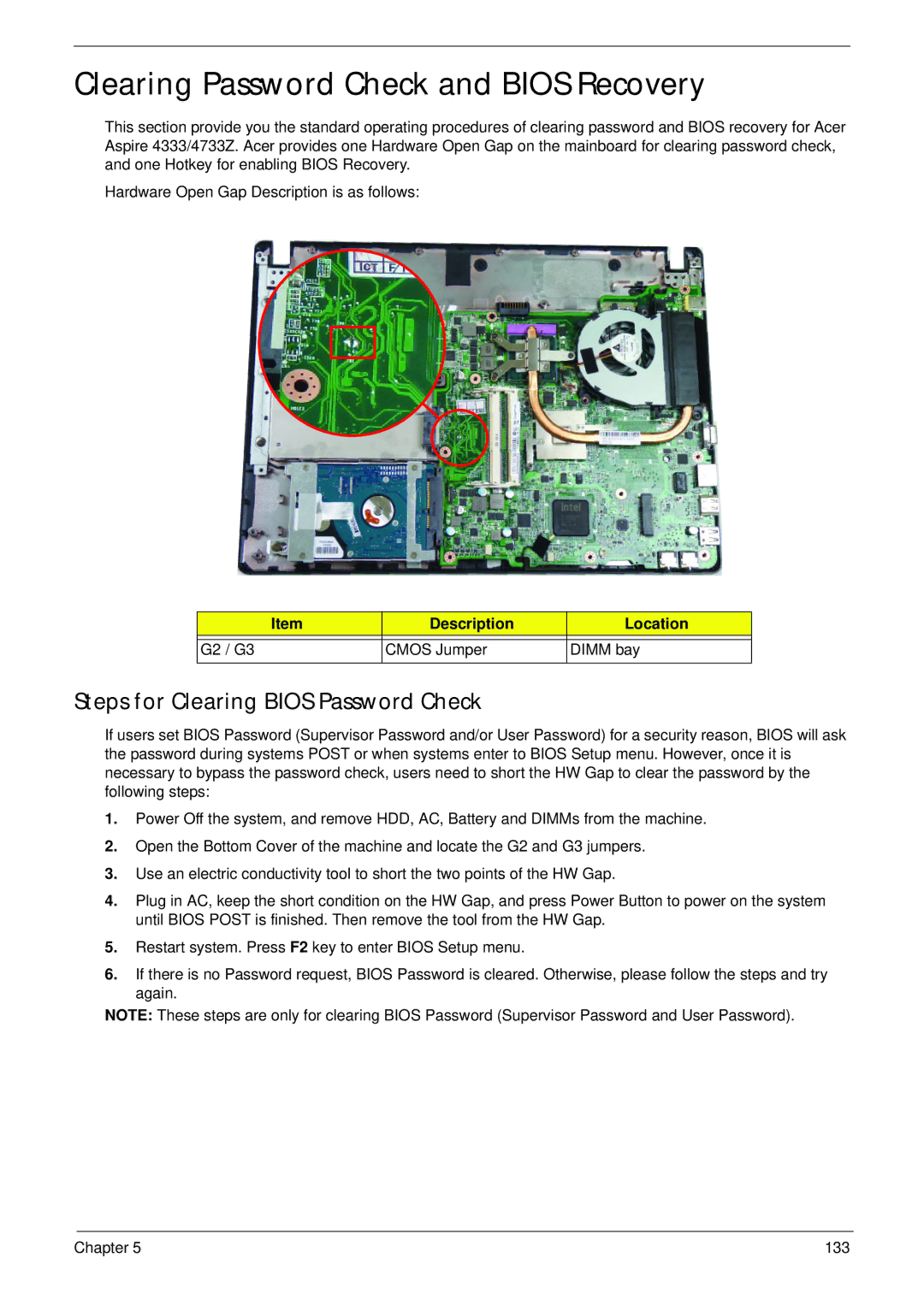 Acer 4733Z, 4333 manual Clearing Password Check and Bios Recovery, Steps for Clearing Bios Password Check 