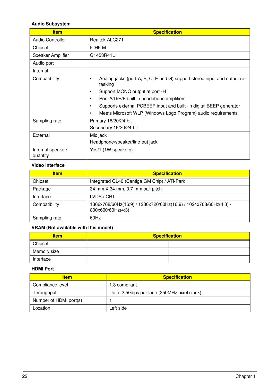 Acer 4333 Audio Subsystem Specification, Video Interface Specification, Lvds / CRT, Vram Not available with this model 