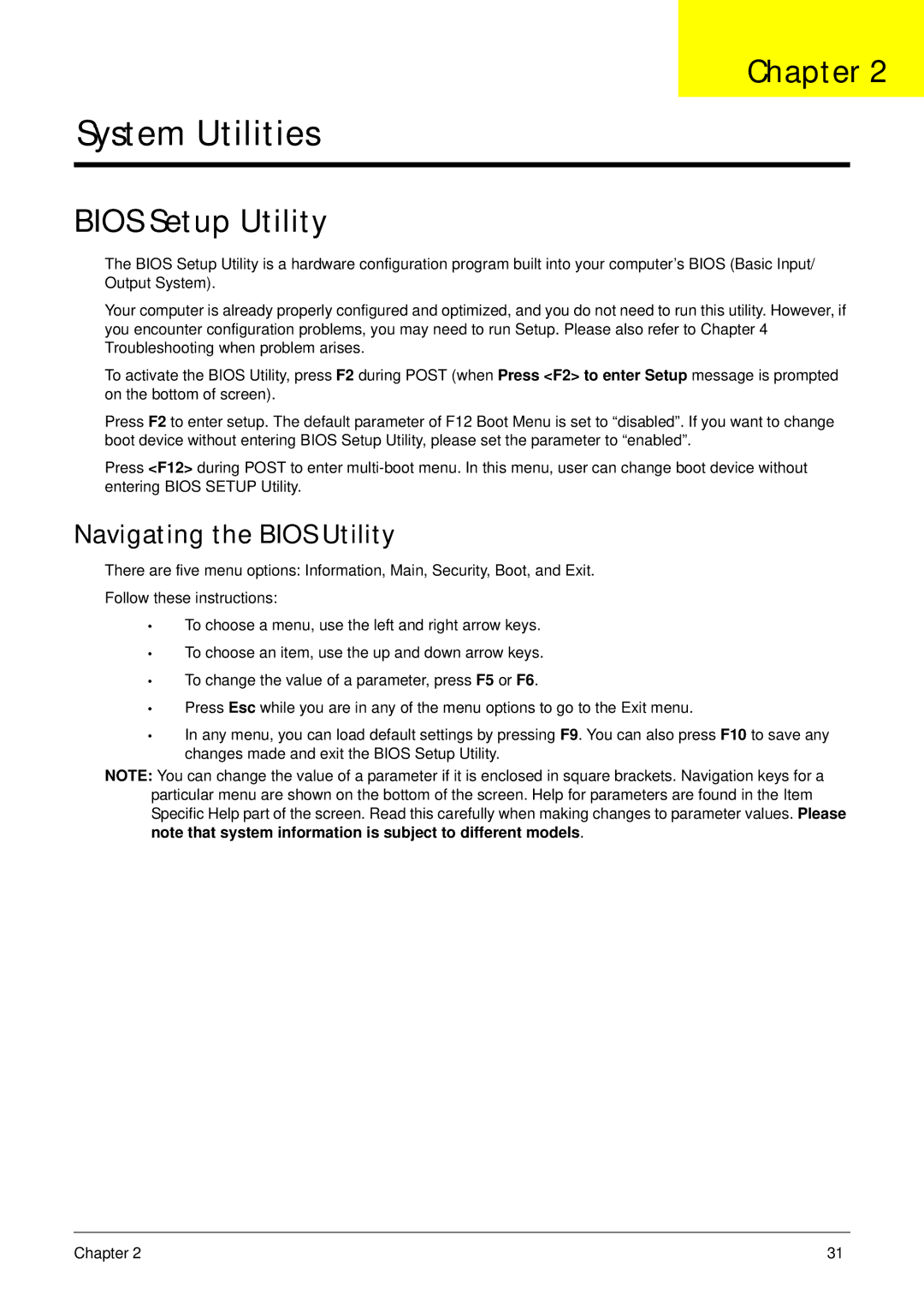 Acer 4733Z, 4333 manual Bios Setup Utility, Navigating the Bios Utility 