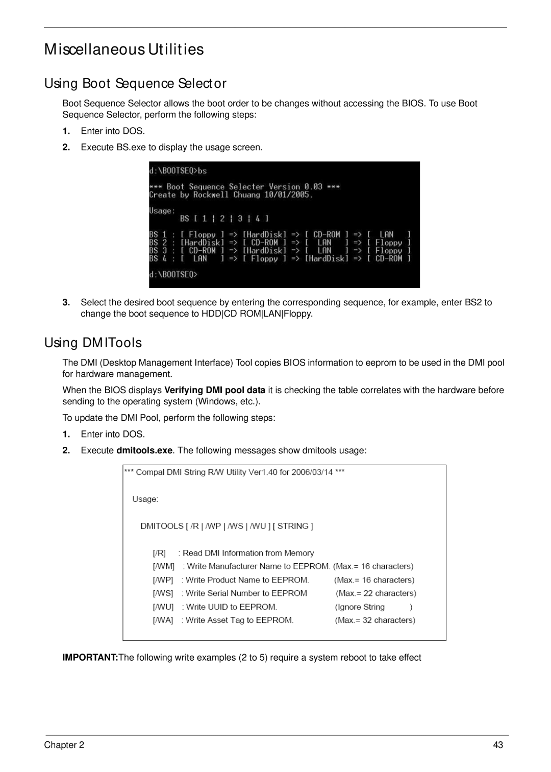 Acer 4733Z, 4333 manual Miscellaneous Utilities, Using Boot Sequence Selector, Using DMITools 