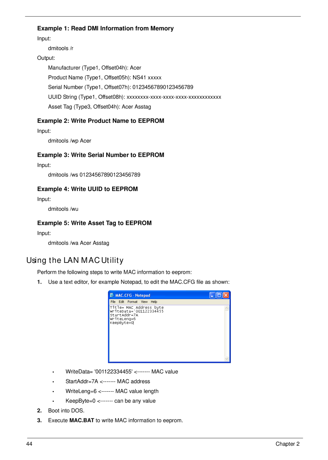 Acer 4333, 4733Z manual Using the LAN MAC Utility, Example 1 Read DMI Information from Memory 