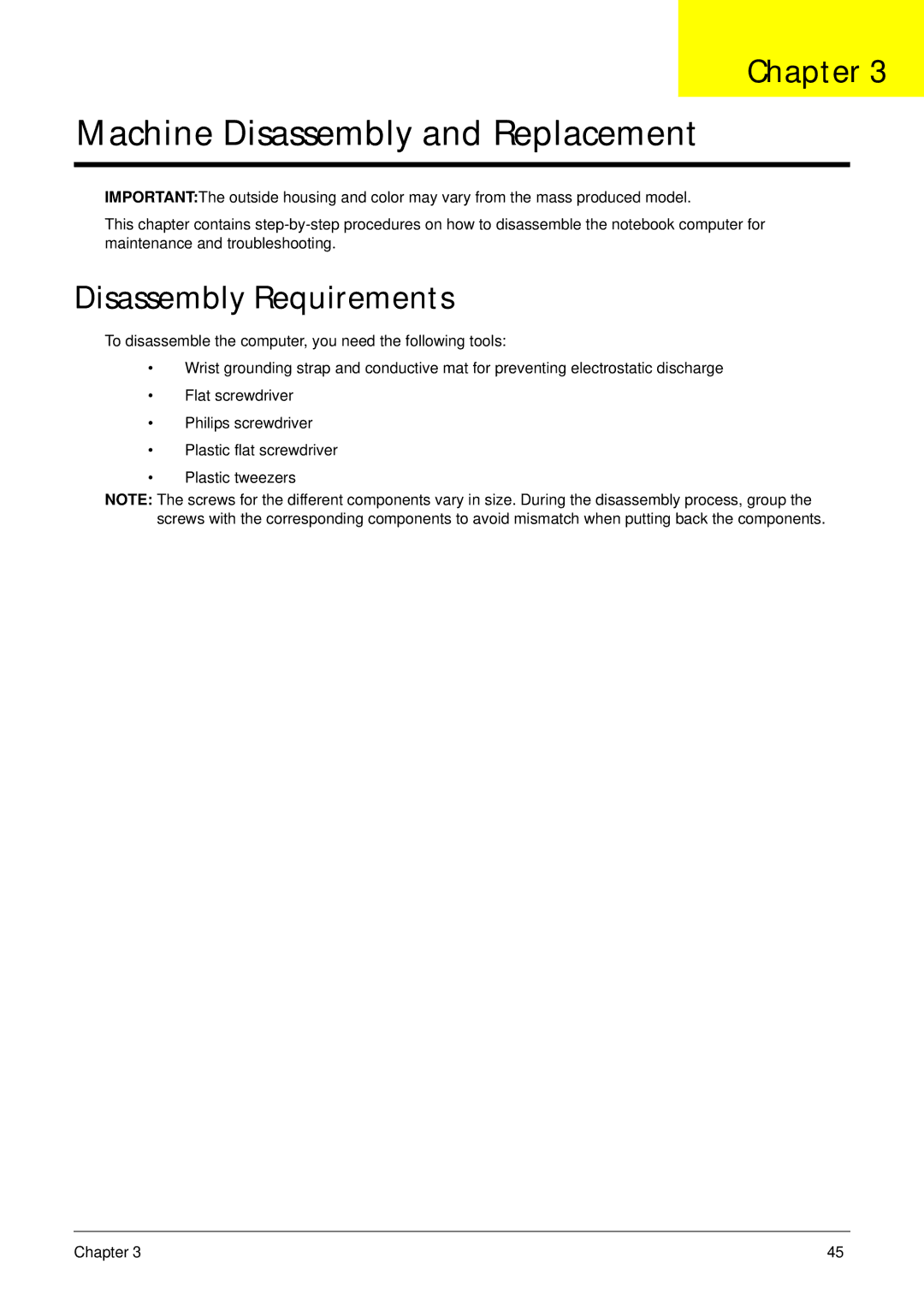 Acer 4733Z, 4333 manual Machine Disassembly and Replacement, Disassembly Requirements 