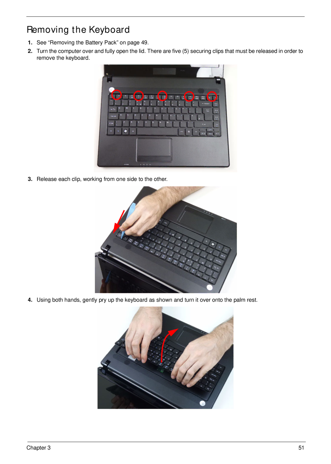 Acer 4733Z, 4333 manual Removing the Keyboard 