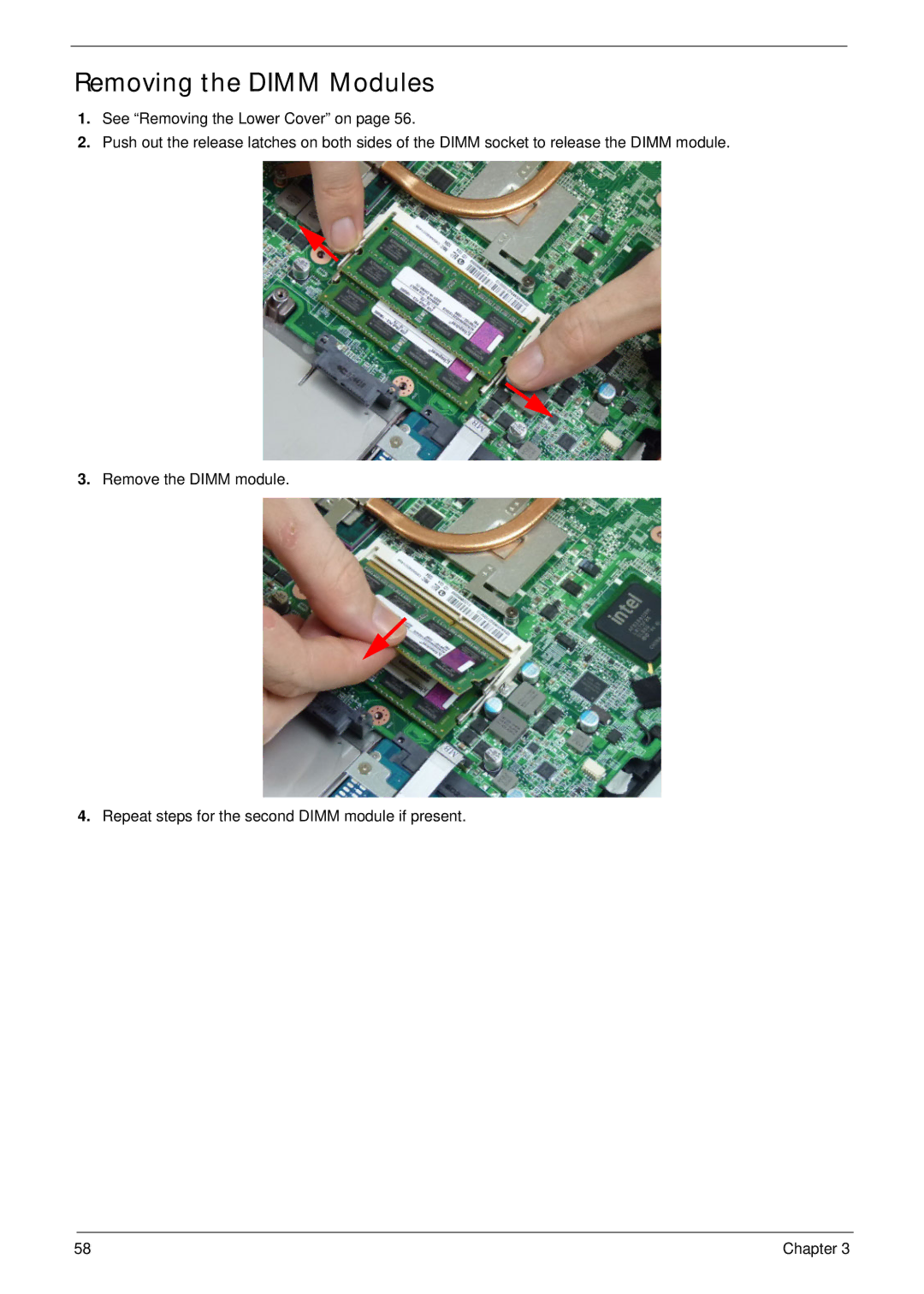 Acer 4333, 4733Z manual Removing the Dimm Modules 