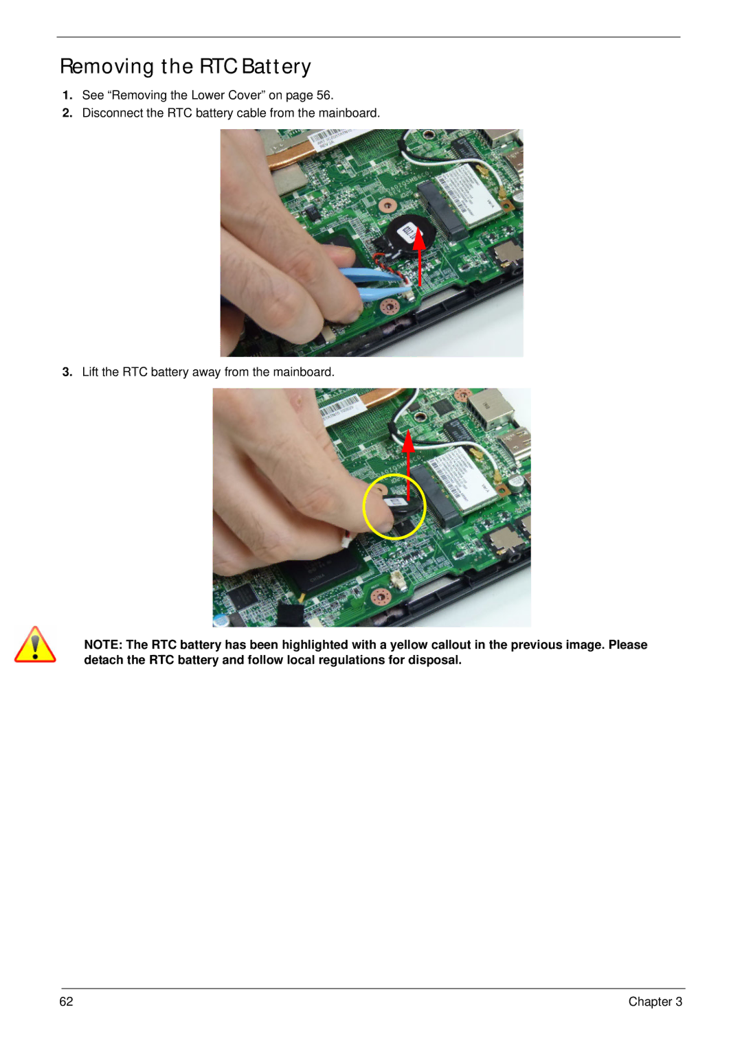 Acer 4333, 4733Z manual Removing the RTC Battery 