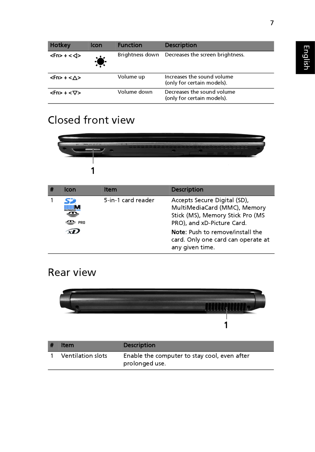 Acer 4736Z Series, 4336 Series, 4736 Series manual Closed front view, Rear view, # Icon Description 