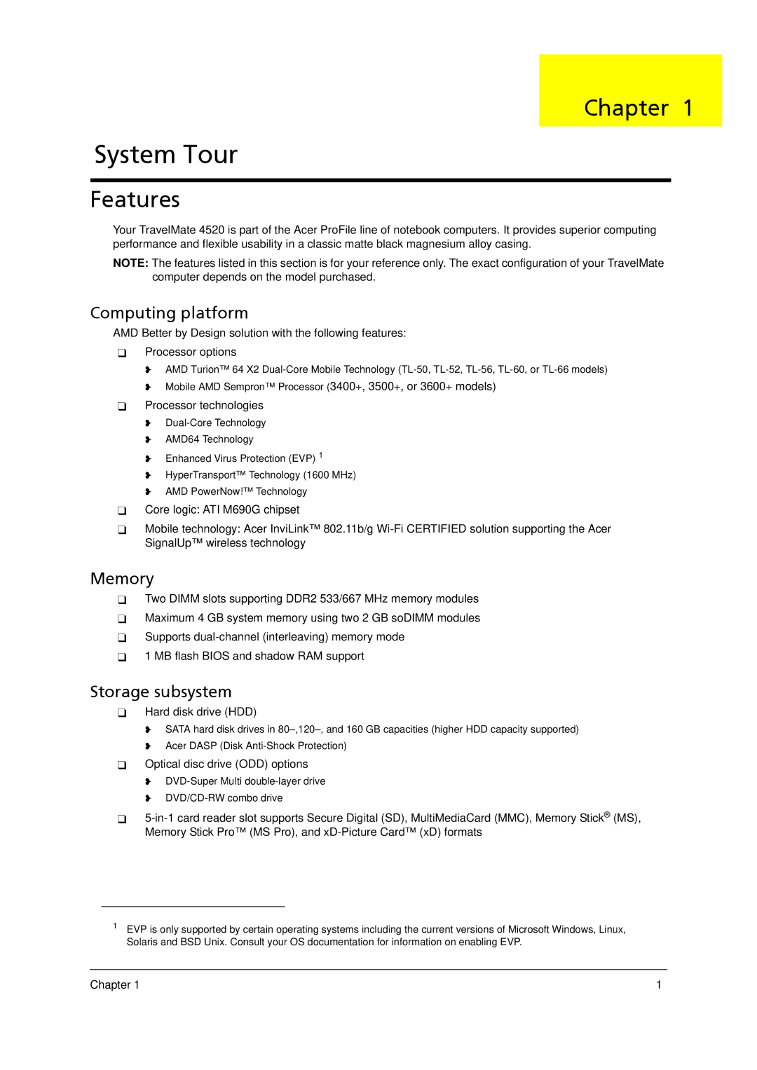 Acer 4520 manual Chapter, Features, Computing platform, Memory, Storage subsystem 