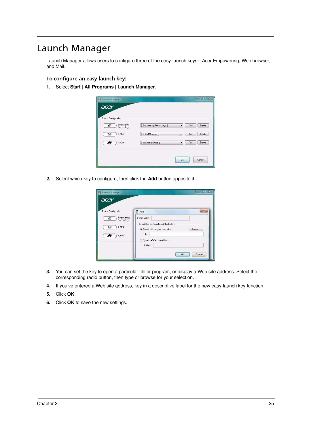 Acer 4520 manual Select Start All Programs Launch Manager 