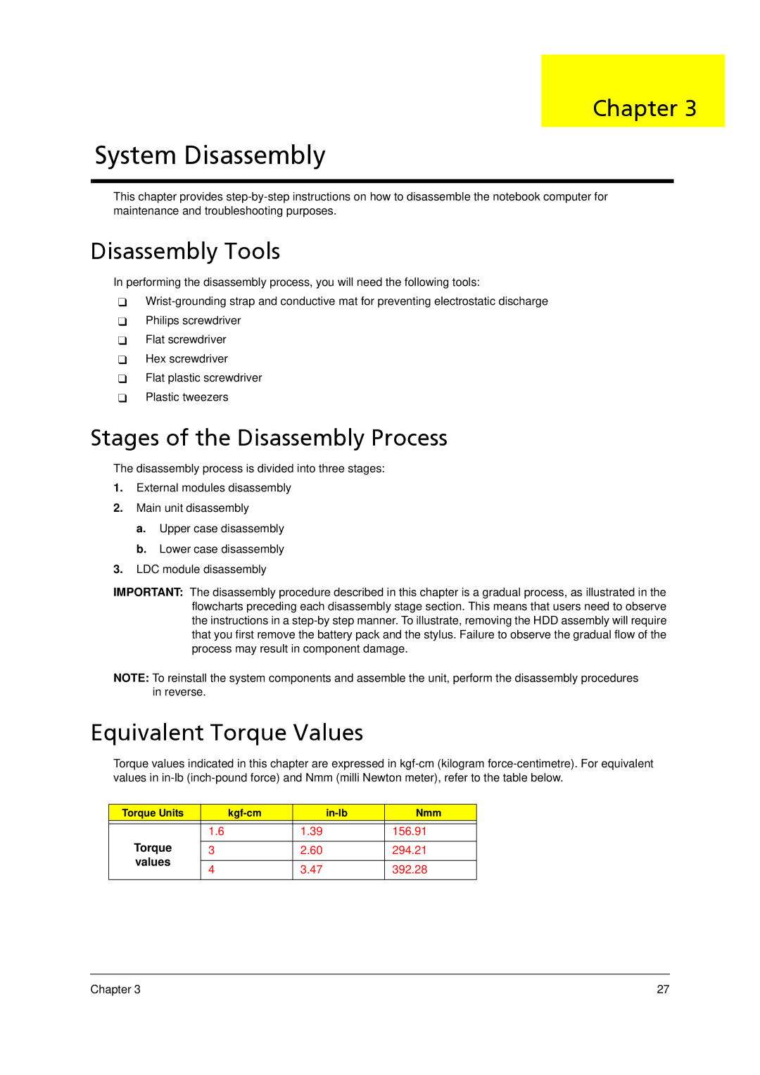 Acer 4520 manual Disassembly Tools, Stages of the Disassembly Process, Equivalent Torque Values 