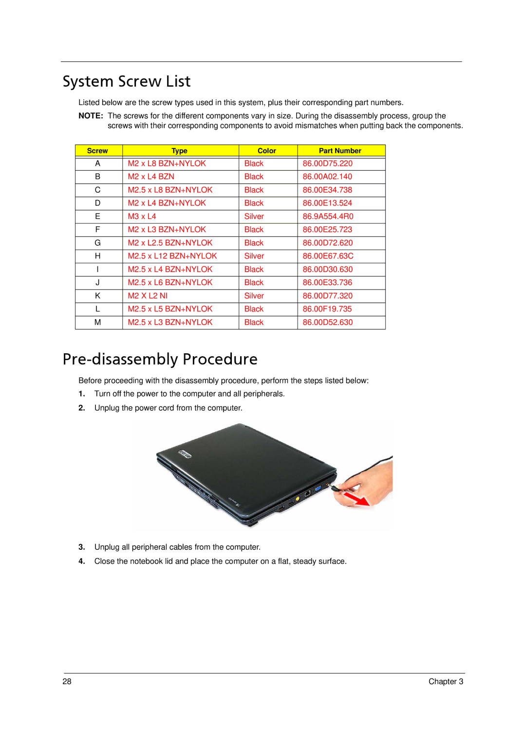 Acer 4520 manual System Screw List, Pre-disassembly Procedure 