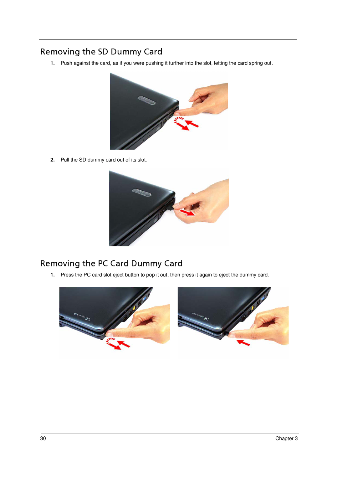 Acer 4520 manual Removing the SD Dummy Card, Removing the PC Card Dummy Card 