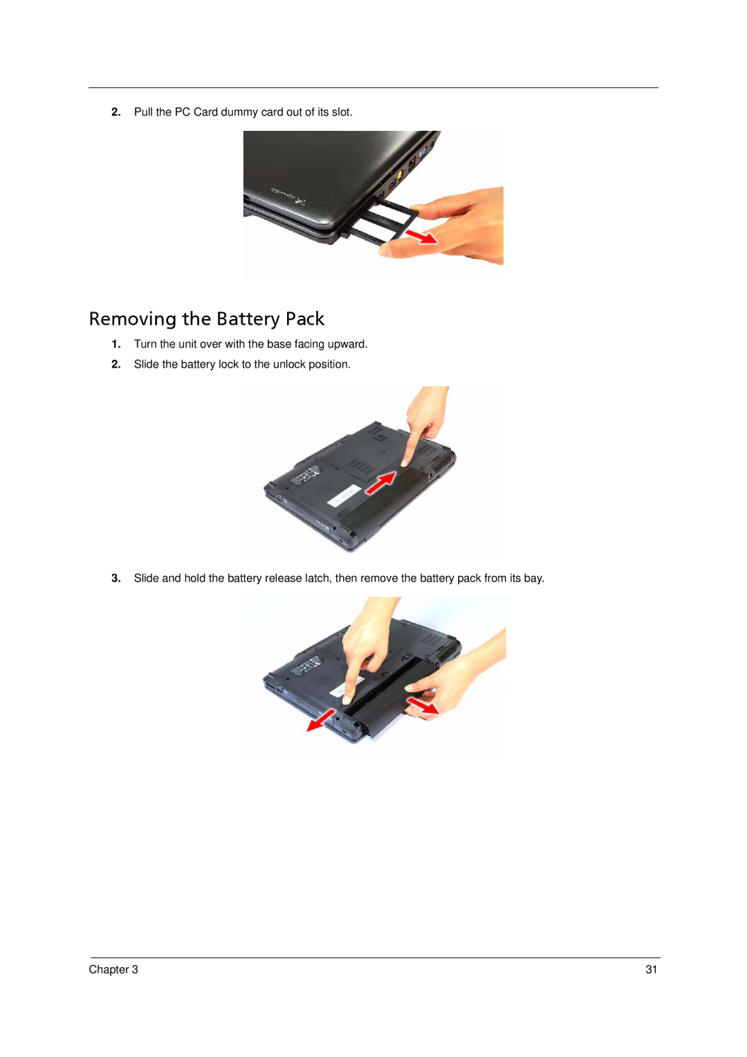 Acer 4520 manual Removing the Battery Pack 