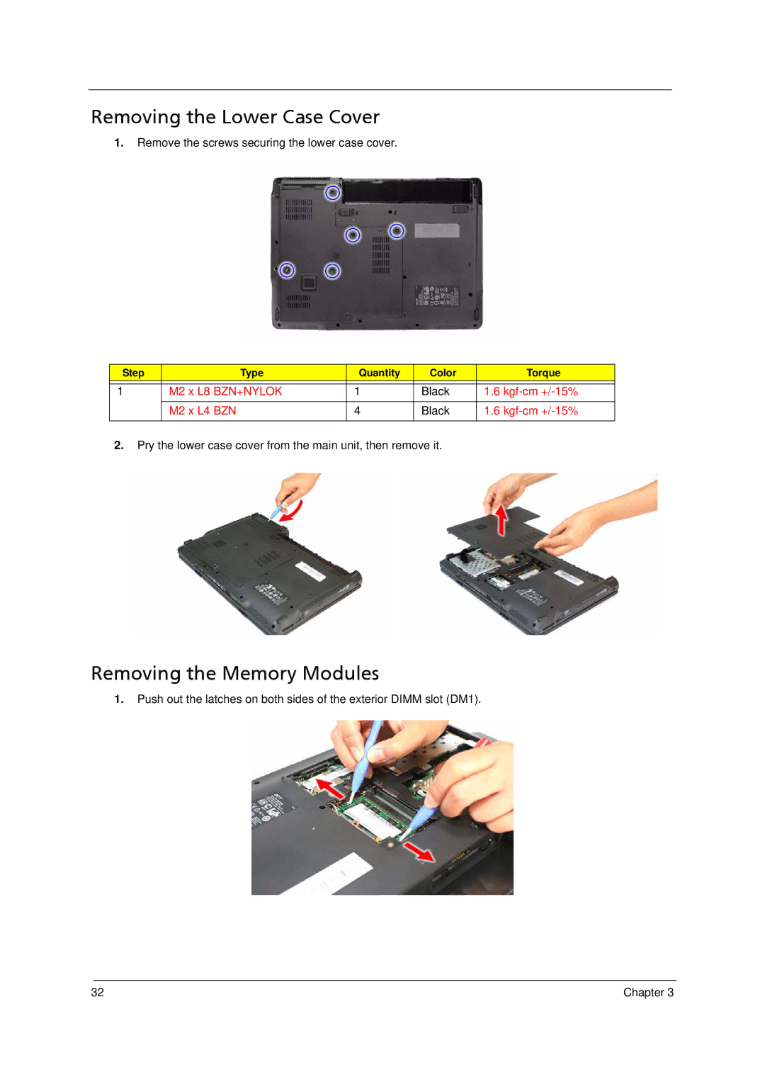 Acer 4520 manual Removing the Lower Case Cover, Removing the Memory Modules 