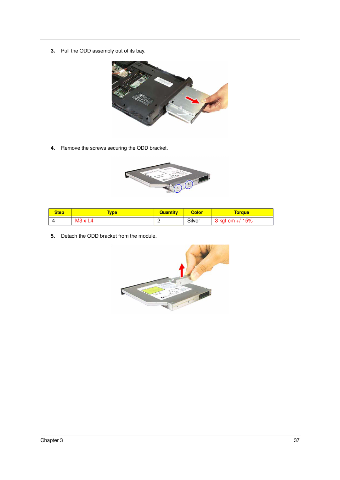 Acer 4520 manual Detach the ODD bracket from the module Chapter 