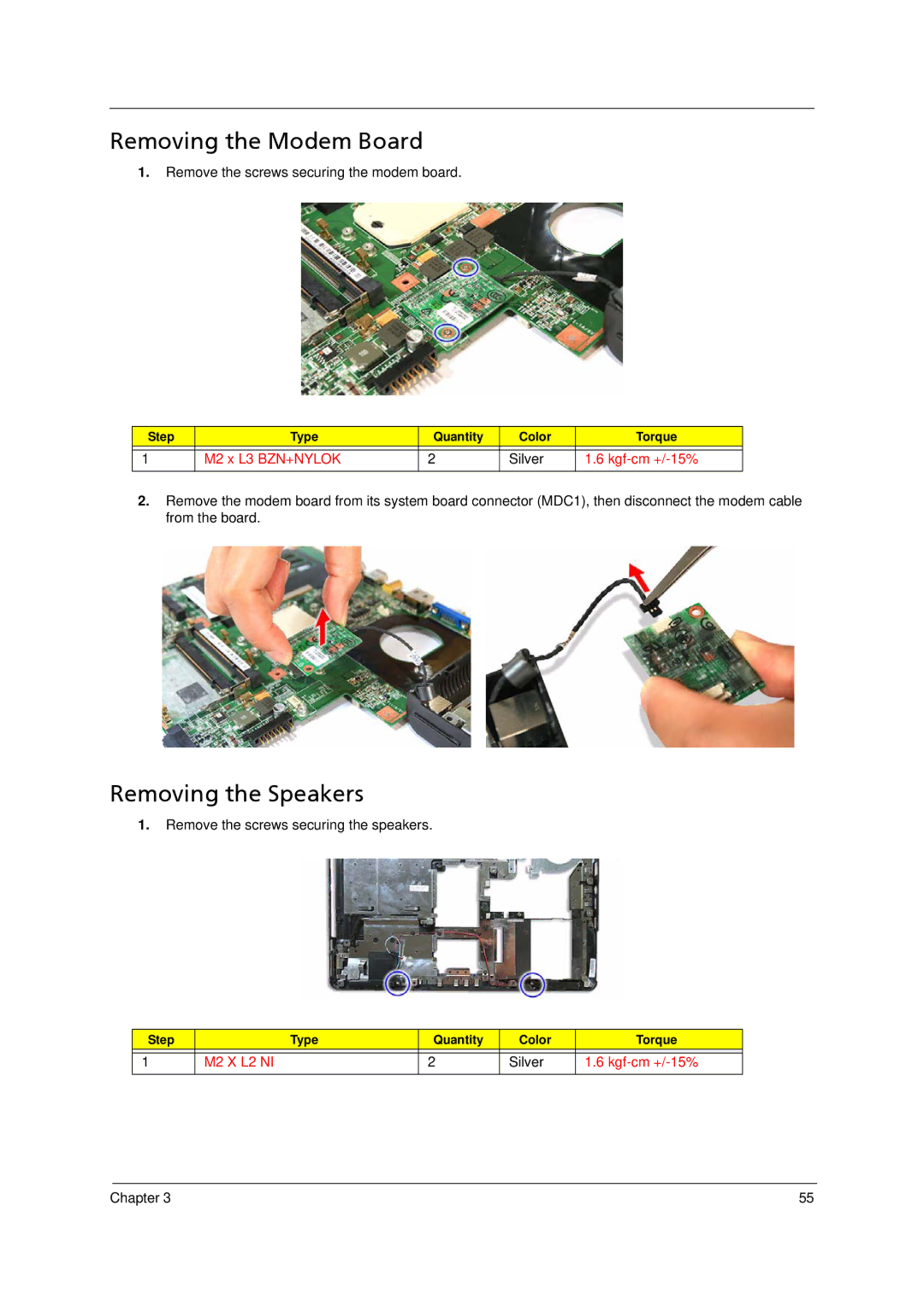 Acer 4520 manual Removing the Modem Board, Removing the Speakers 