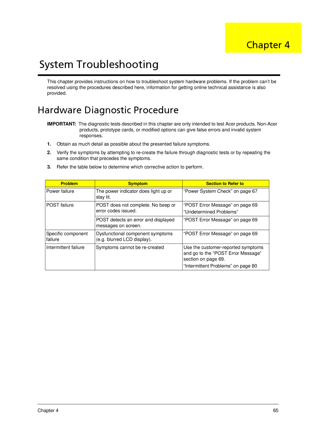 Acer 4520 manual System Troubleshooting, Hardware Diagnostic Procedure 