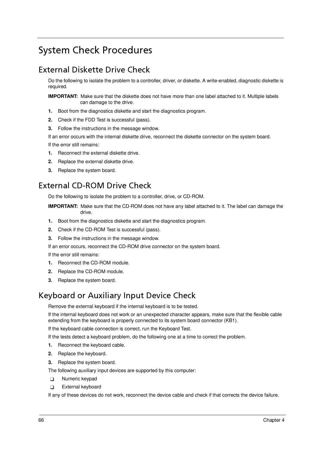 Acer 4520 manual System Check Procedures, External Diskette Drive Check, External CD-ROM Drive Check 