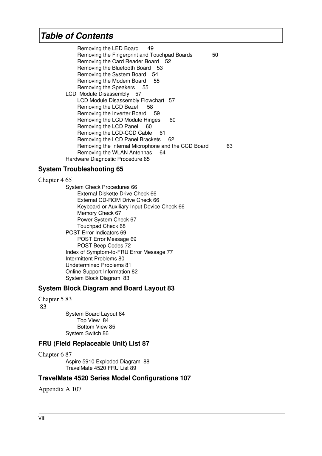 Acer 4520 manual System Troubleshooting, Viii 