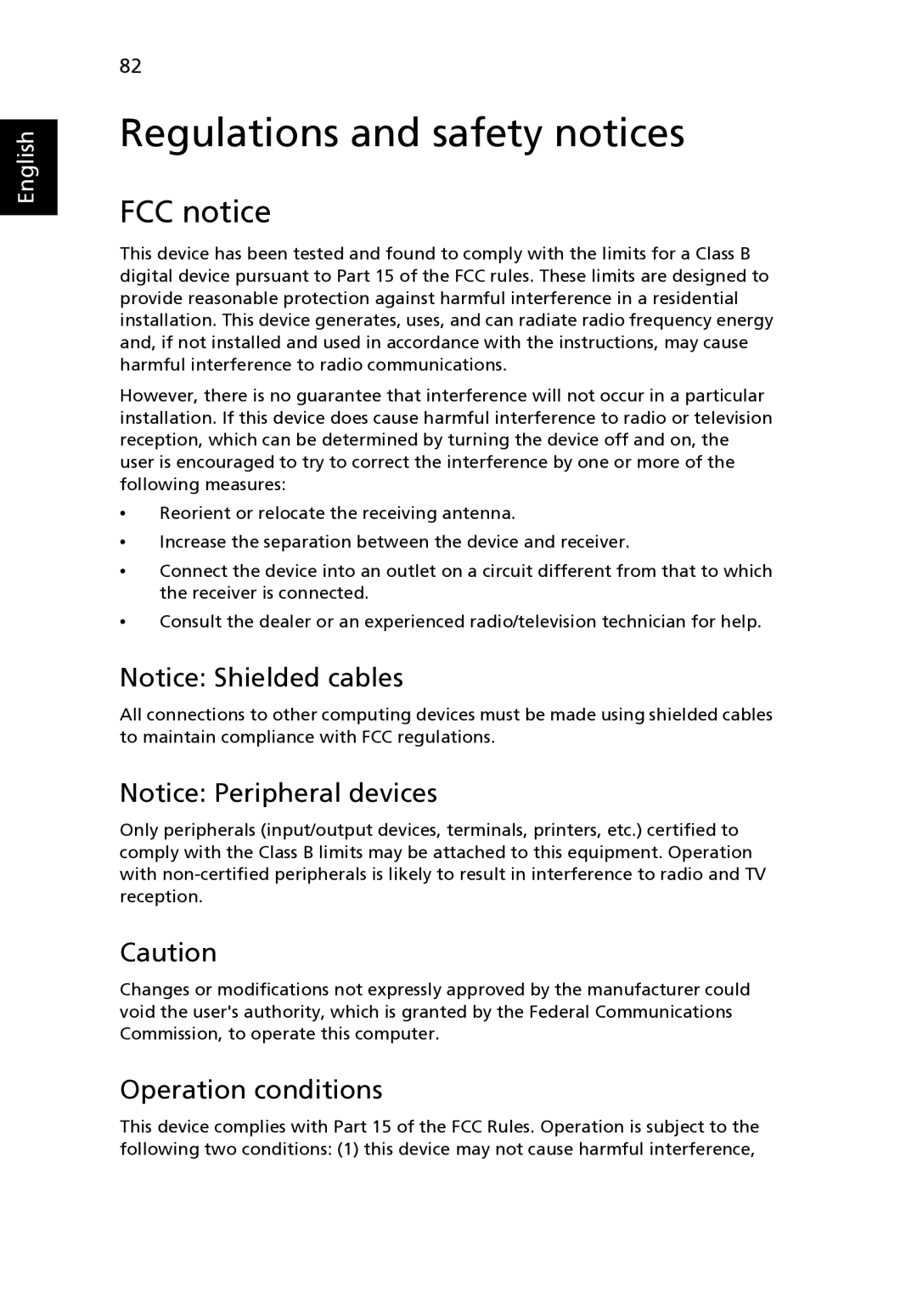 Acer 4520 manual Regulations and safety notices, FCC notice, Operation conditions 