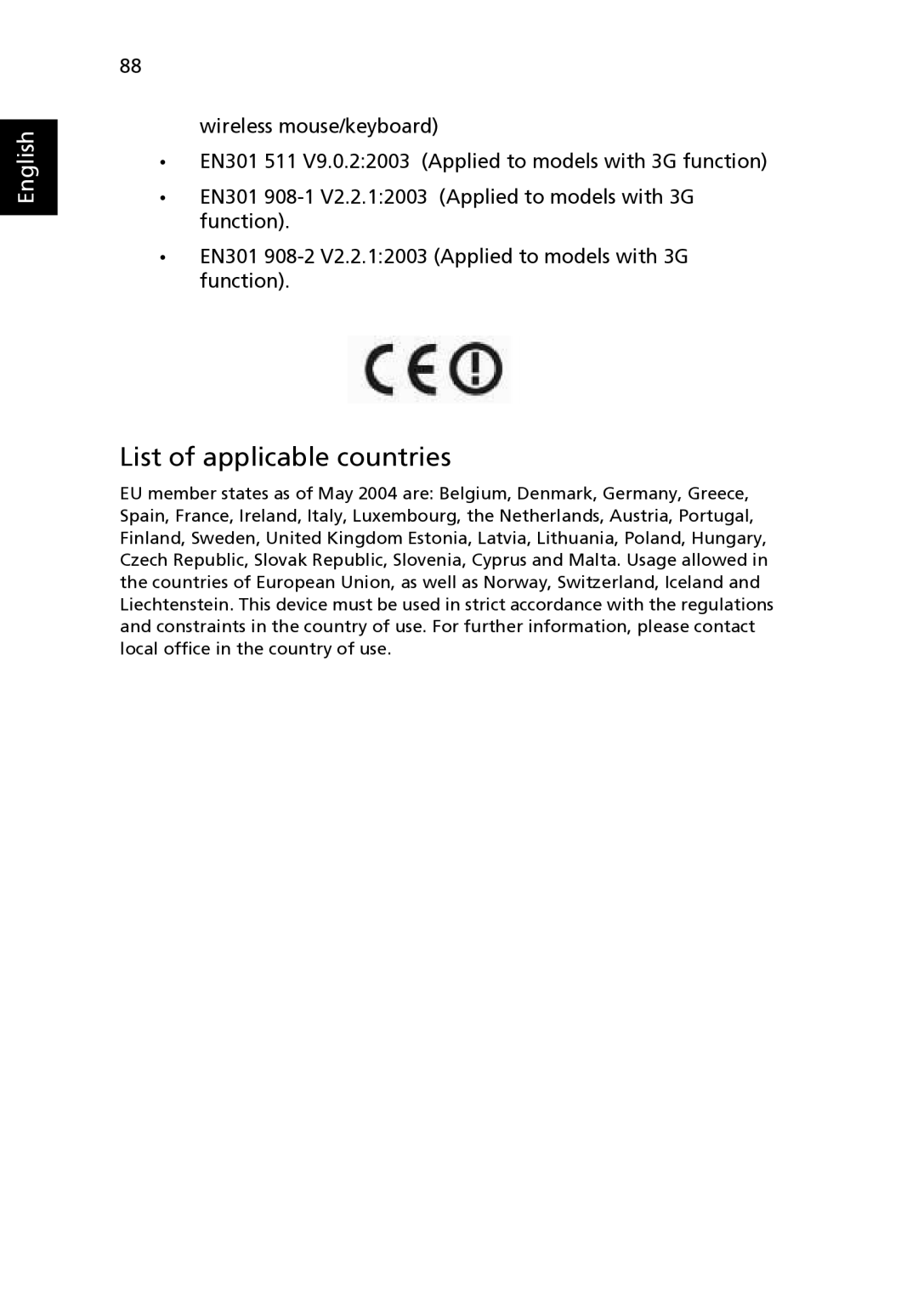 Acer 4520 manual List of applicable countries 