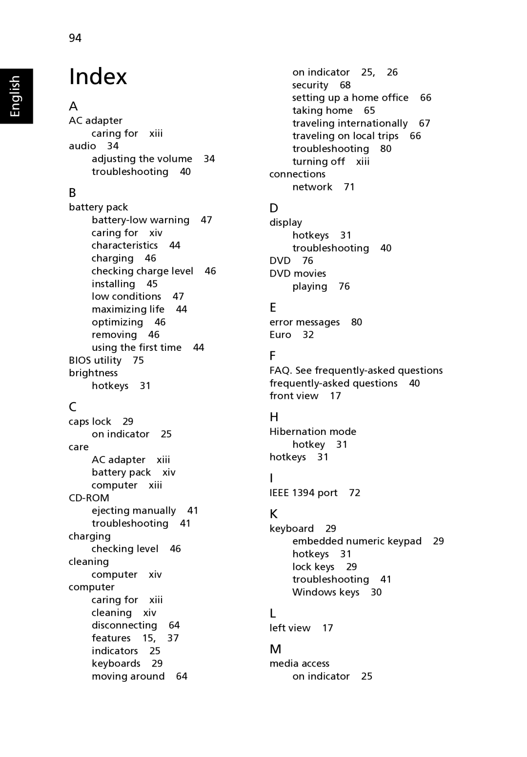 Acer 4520 manual Index, Cd-Rom 